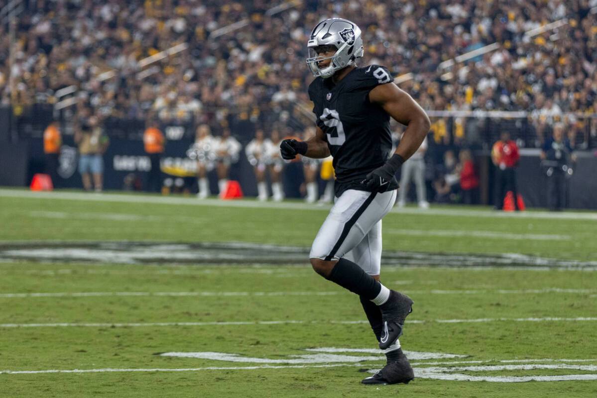 Raiders defensive end Tyree Wilson (9) comes off the field during the second half an NFL game a ...