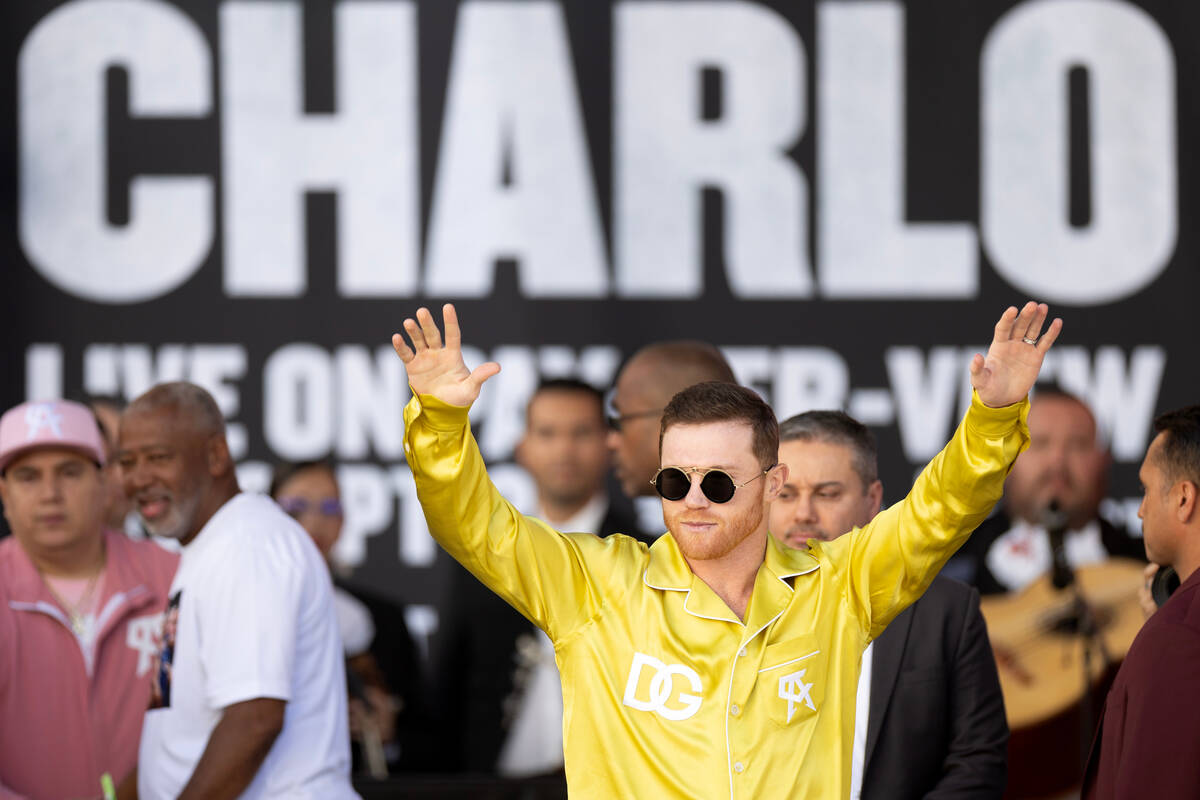 Canelo Alvarez takes the stage for his weigh in at Toshiba Plaza on Friday, Sept. 29, 2023, in ...
