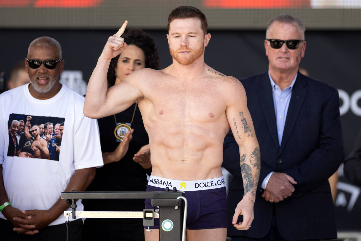 Canelo Alvarez weighs in at Toshiba Plaza on Friday, Sept. 29, 2023, in Las Vegas. Alvarez will ...