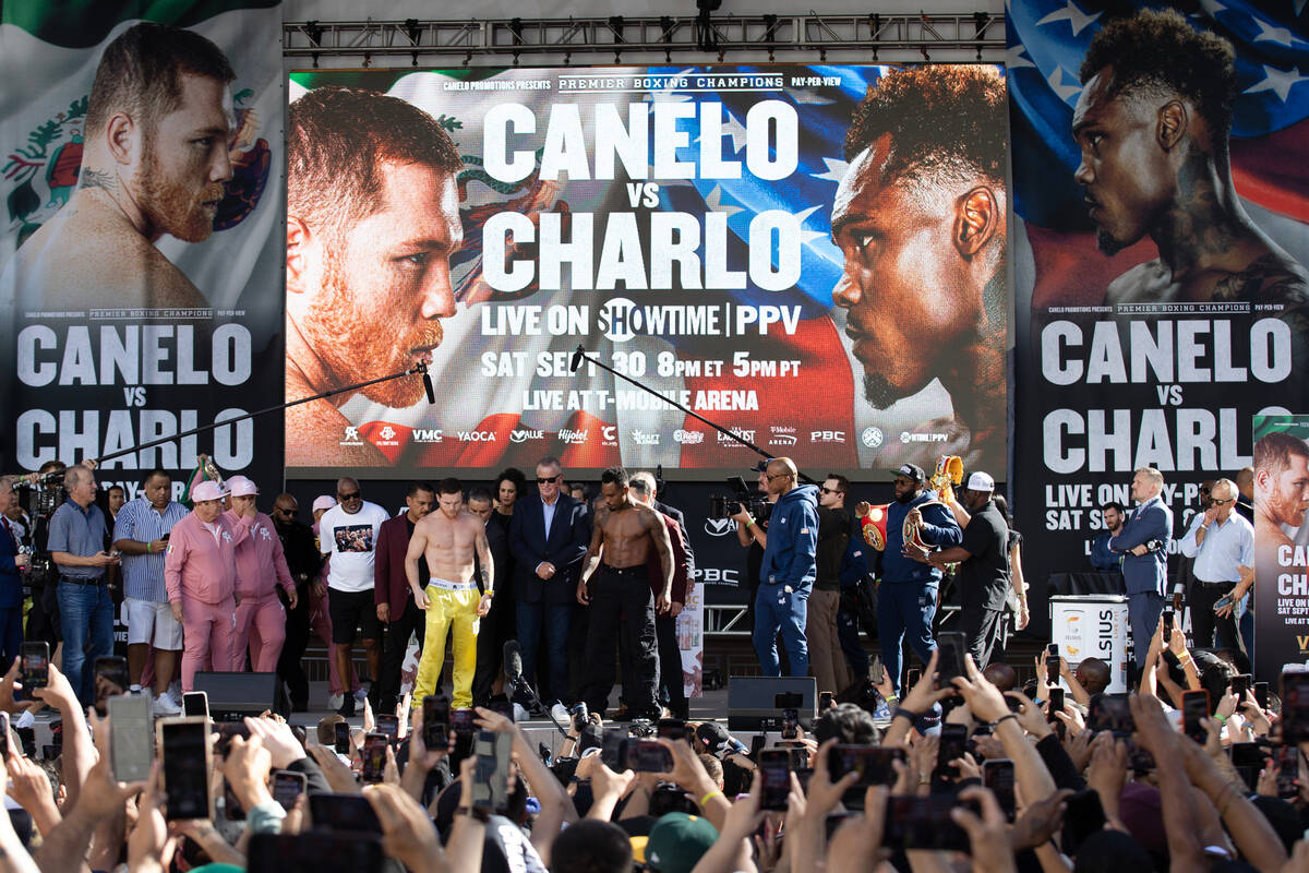 Canelo Alvarez and Jermell Charlo weigh in at Toshiba Plaza on Friday, Sept. 29, 2023, in Las V ...
