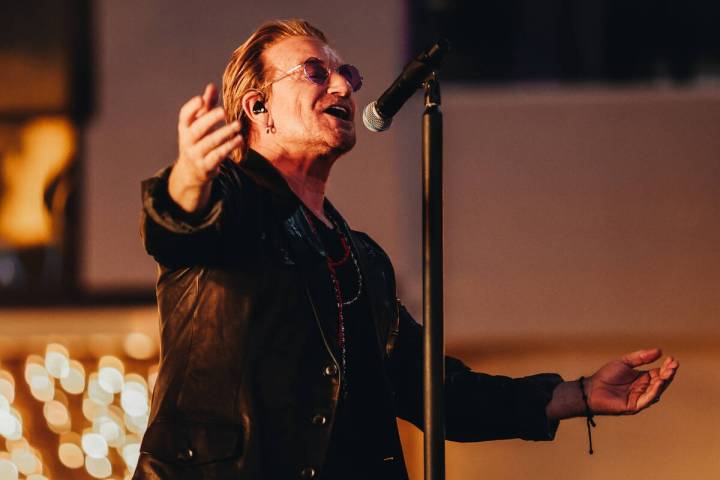 U2 performs while filming a music video in front of the Plaza hotel and casino on Sunday, Sept. ...