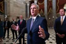 FILE - House Speaker Kevin McCarthy, R-Calif., joined by Rep. August Pfluger, R-Texas, right, a ...