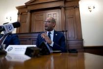 Nevada Attorney General Aaron Ford answers questions in a news conference in February 2023 in C ...