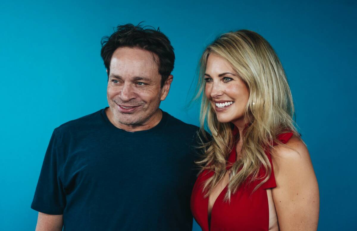 Actor Chris Kattan, left, poses with his fiancé, Maria Libri, outside of the Sphere during it ...