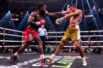 Erickson Lubin hits Jesus Ramos during a WBC/WBA super welterweight title eliminator boxing bou ...