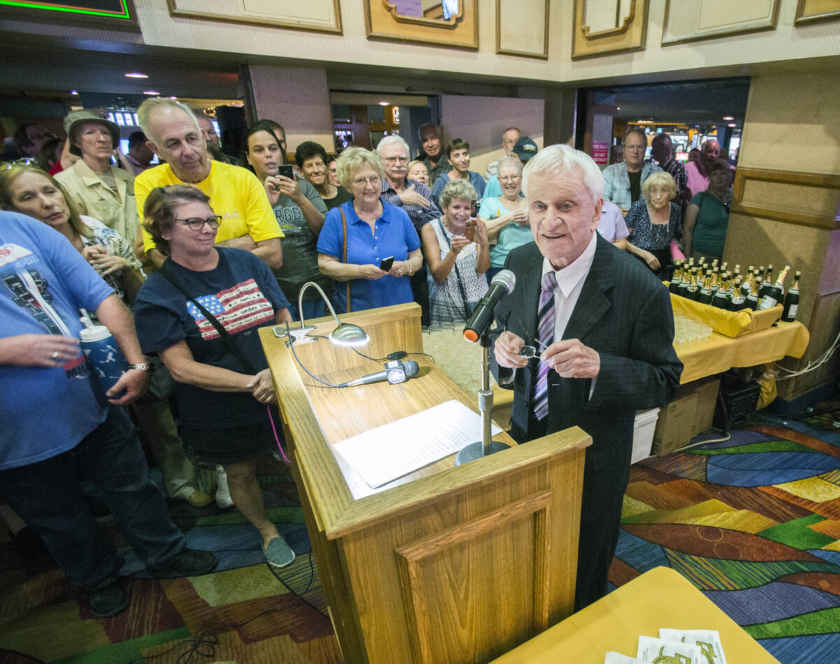 Don Laughlin, owner of the Riverside Resort, speaks to customers during the 50th anniversary pa ...