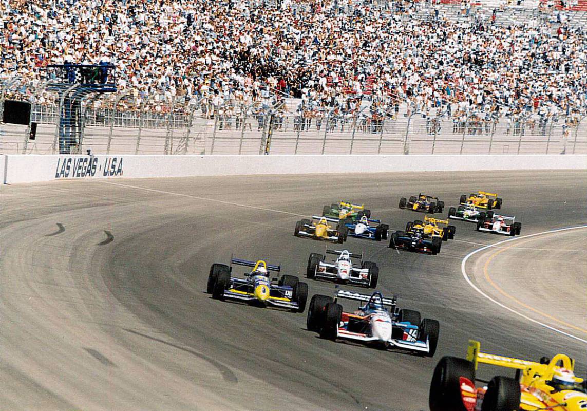 Drivers compete during the Indy Racing League’s Las Vegas 500K at the Las Vegas Motor Speedwa ...