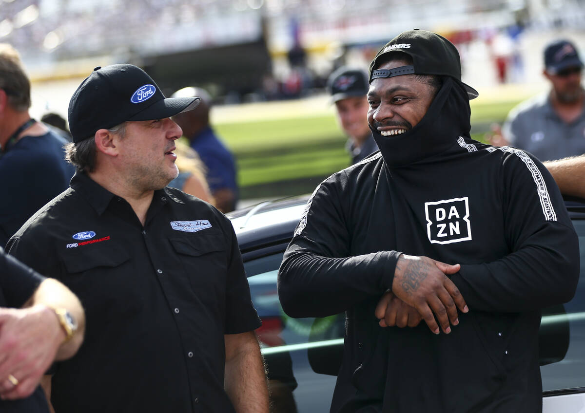 Team owner Tony Stewart, left, and former NFL running back Marshawn Lynch at the 2019 South Poi ...