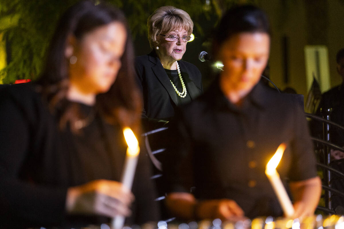 Mayor Carolyn Goodman reads the names of the 60 shooting victims from the Route 91 Harvest fest ...