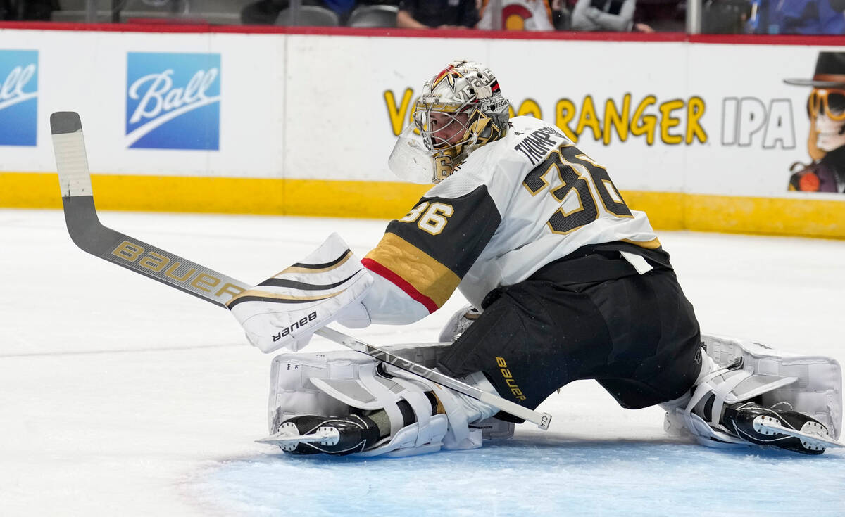 Vegas Golden Knights goalie Logan Thompson looks for a shot by the Colorado Avalanche in the fi ...