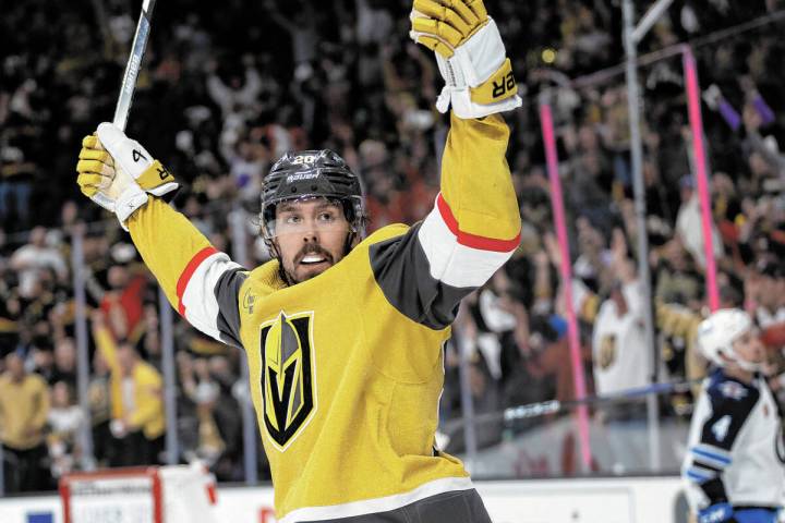 Golden Knights center Chandler Stephenson (20) celebrates after scoring during the third period ...