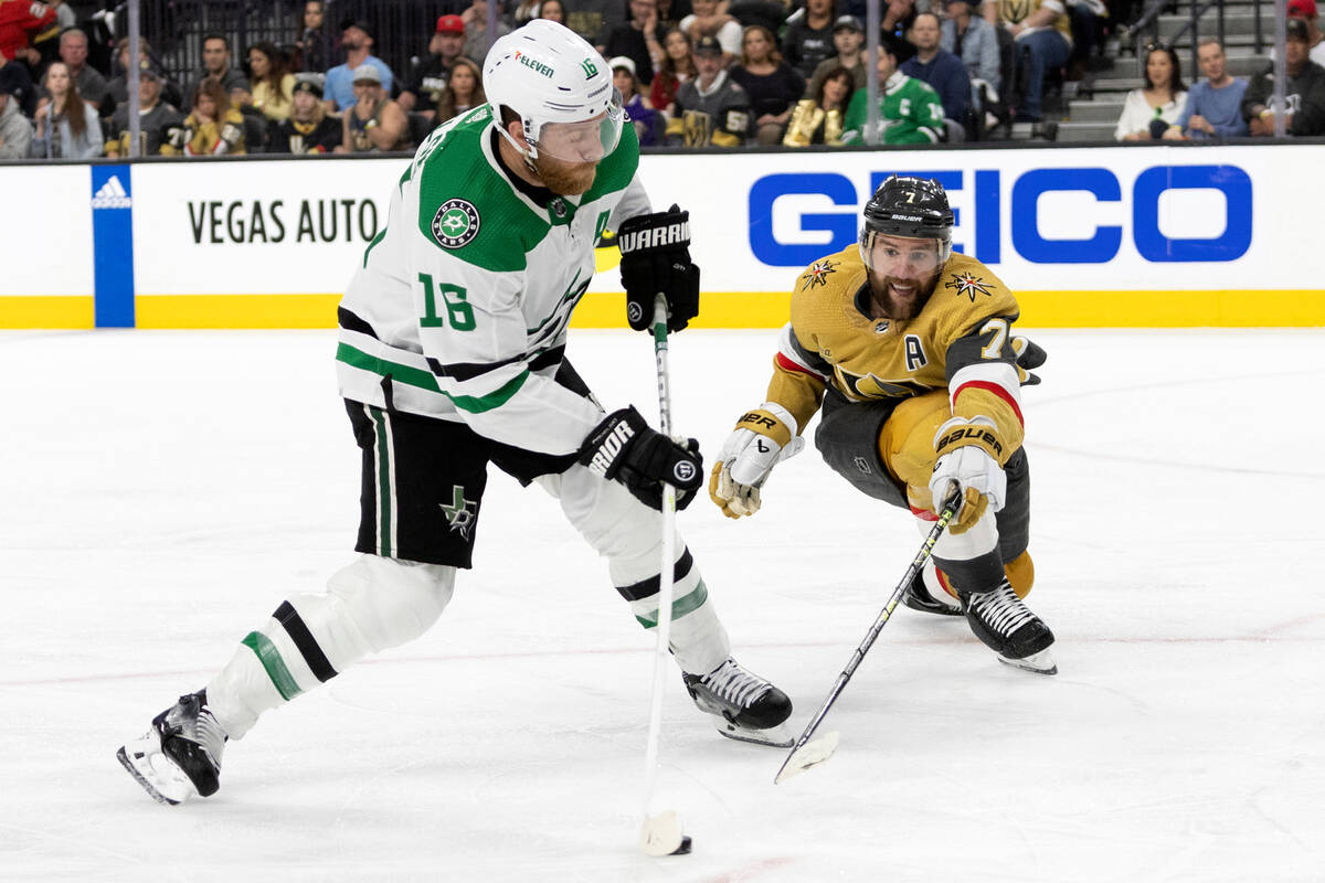 Golden Knights defenseman Alex Pietrangelo (7) reaches to block while Dallas Stars center Joe P ...