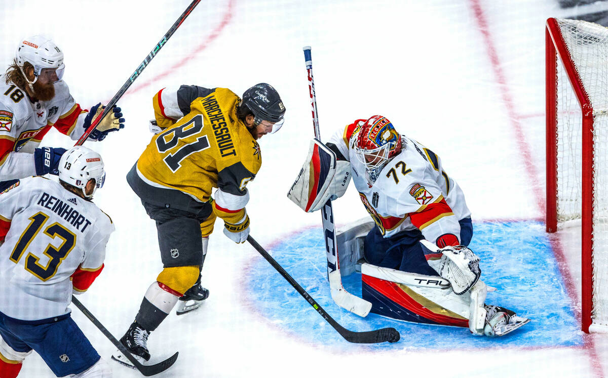 Golden Knights right wing Jonathan Marchessault (81) looks to shoot on Florida Panthers goalten ...