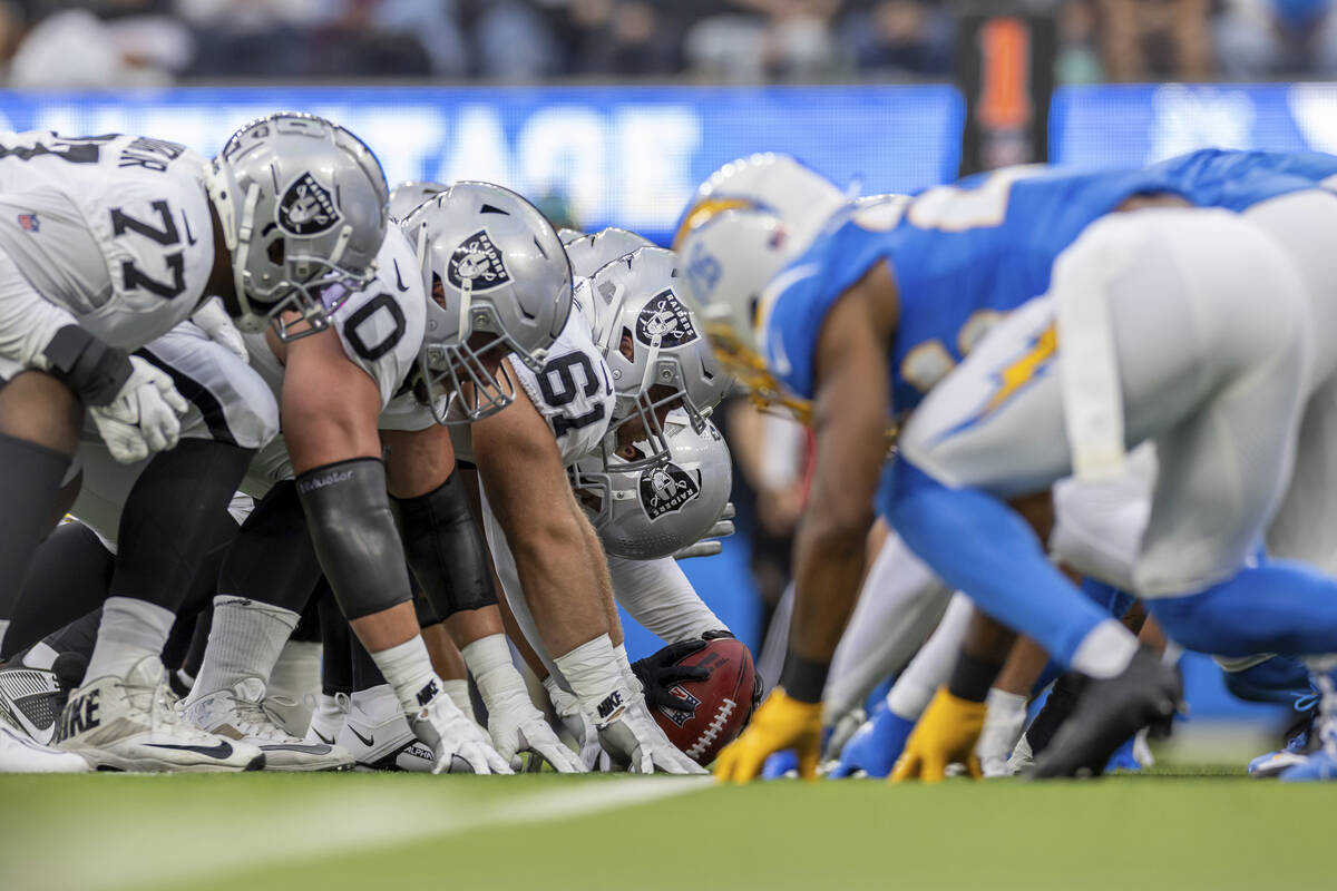 The Las Vegas Raiders line up against the Los Angeles Chargers in an NFL football game, Sunday, ...