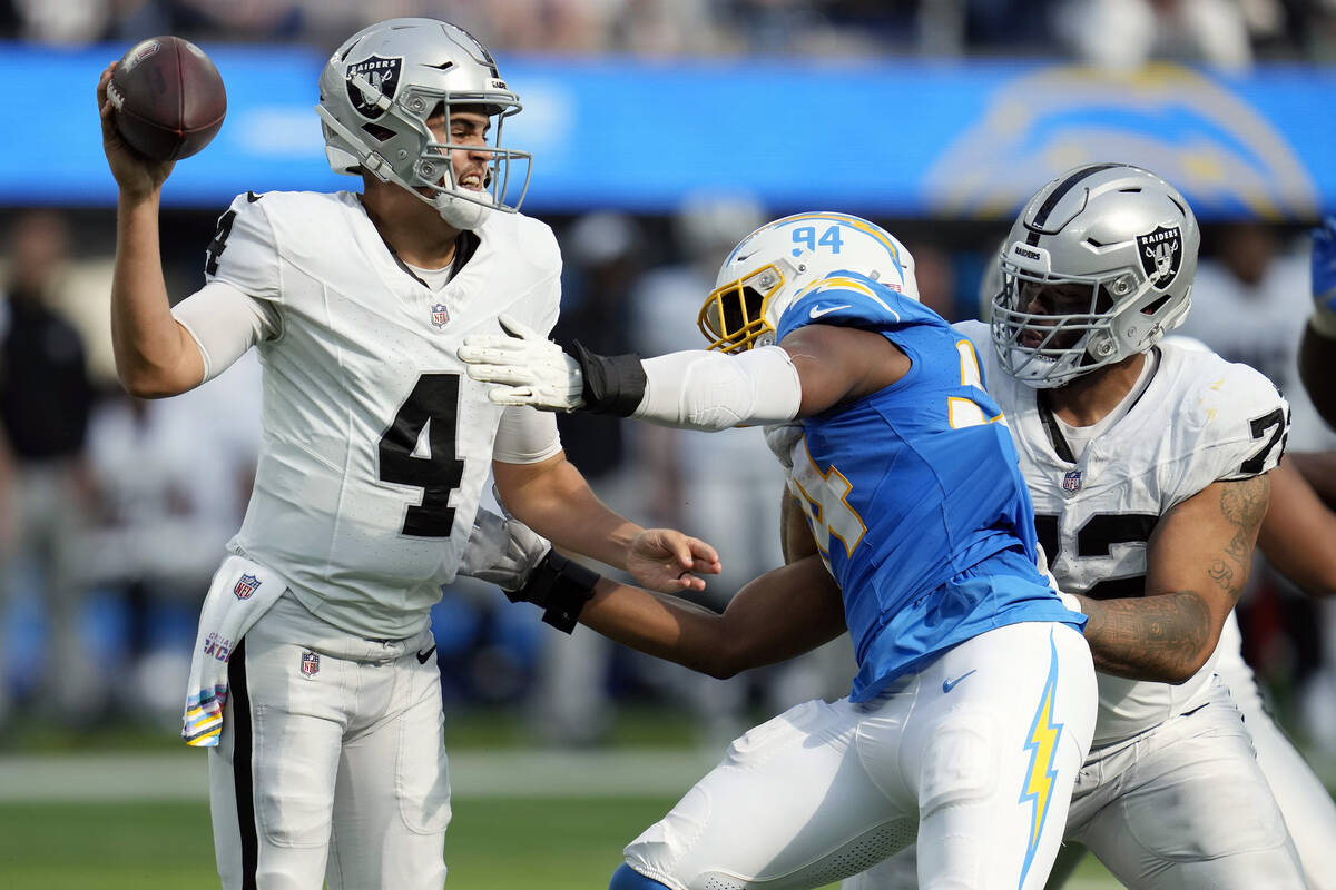 Las Vegas Raiders quarterback Aidan O'Connell (4) throws under pressure from Los Angeles Charge ...