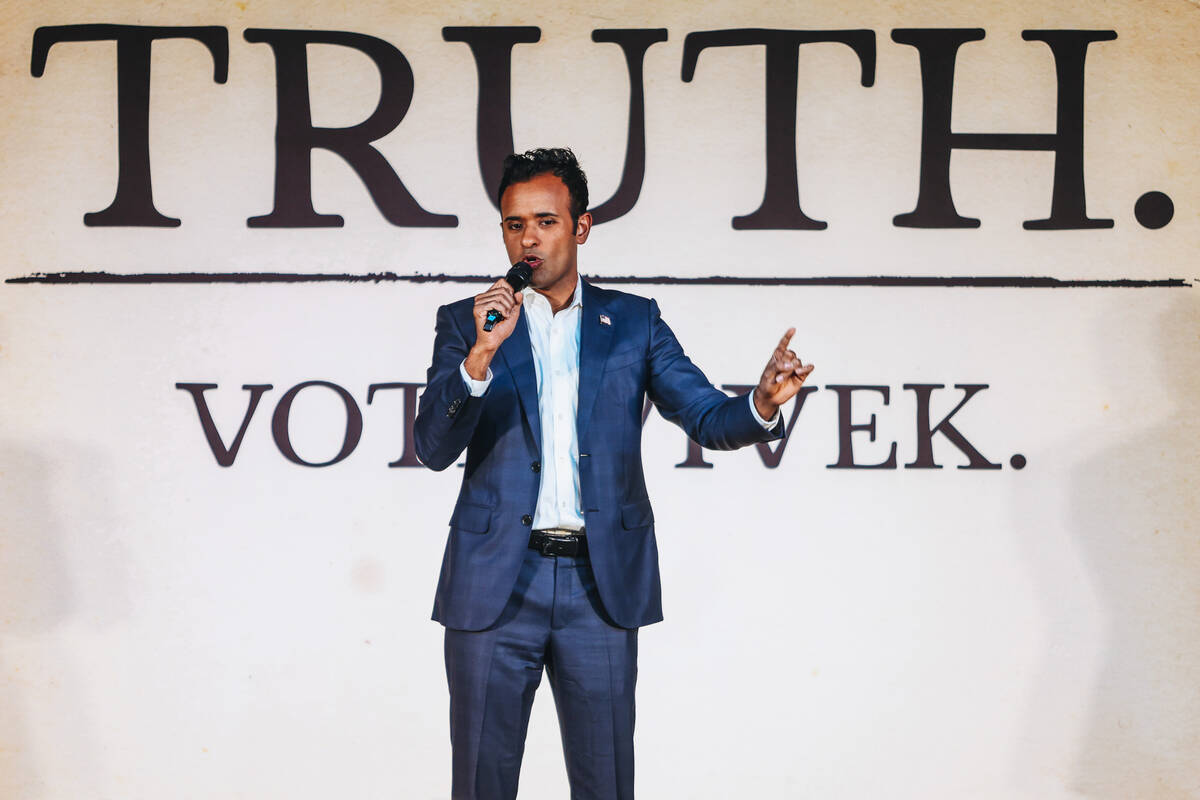 Republican presidential candidate Vivek Ramaswamy speaks to a crowd at an event at Stoney&#x201 ...