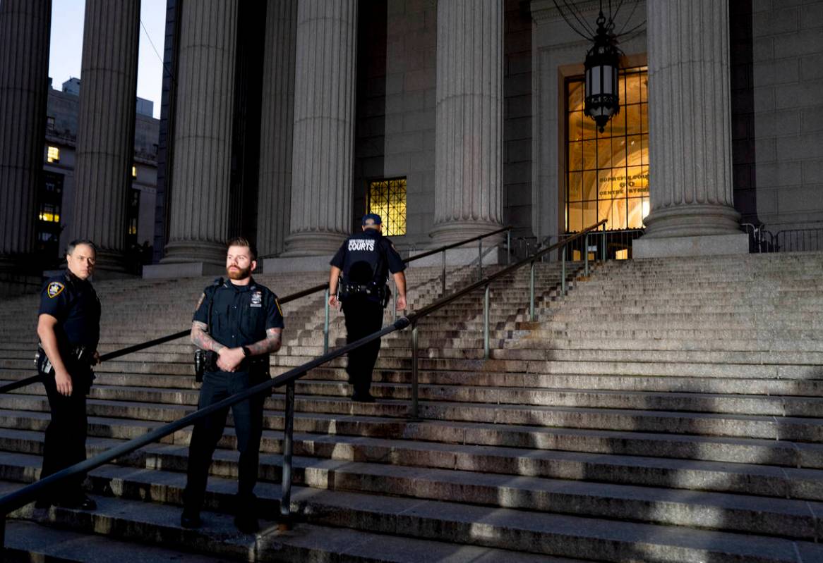 Court officers prepare for the arrival of former President Donald Trump at a New York court hou ...