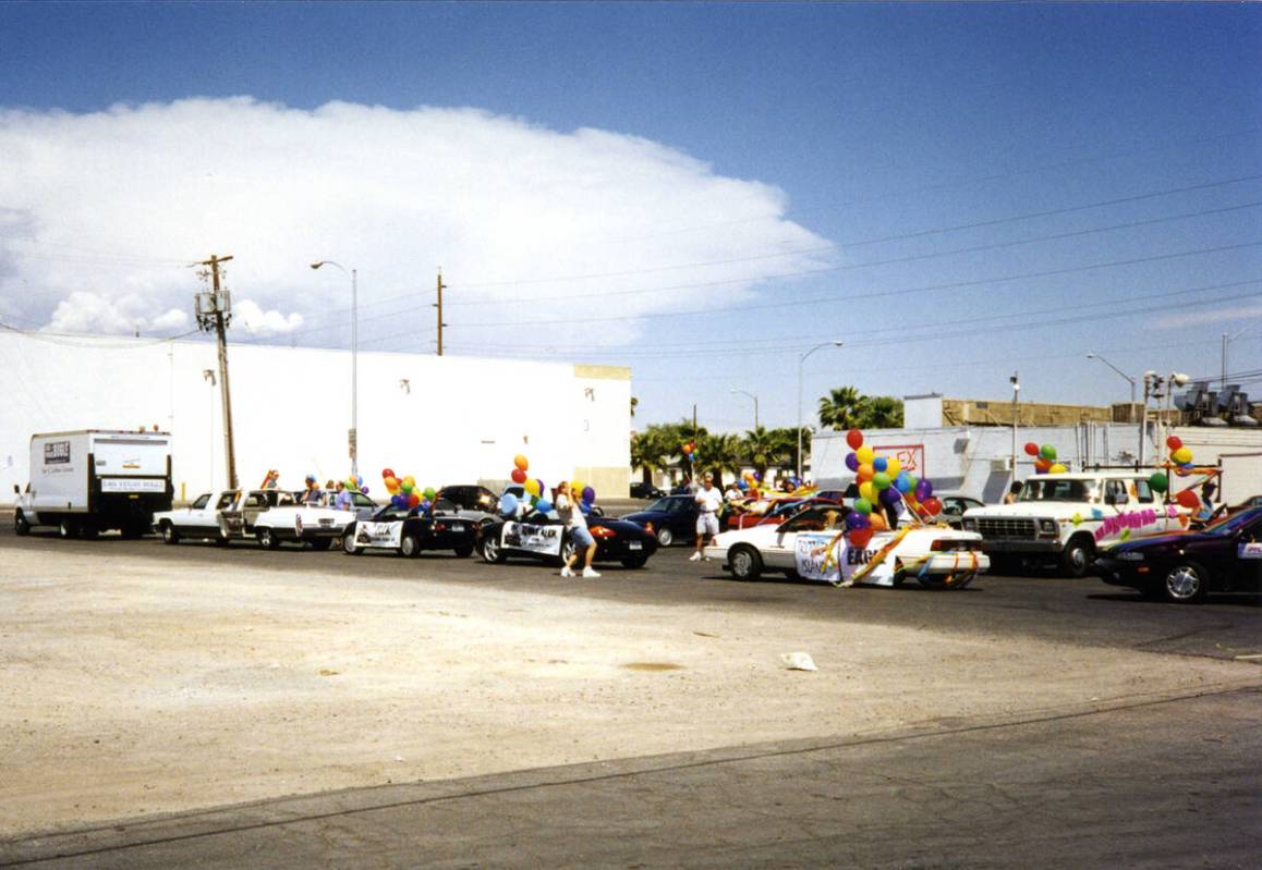 The first Gay Pride parade gathering behind the Flex nightclub at 4371 West Charleston Blvd on ...