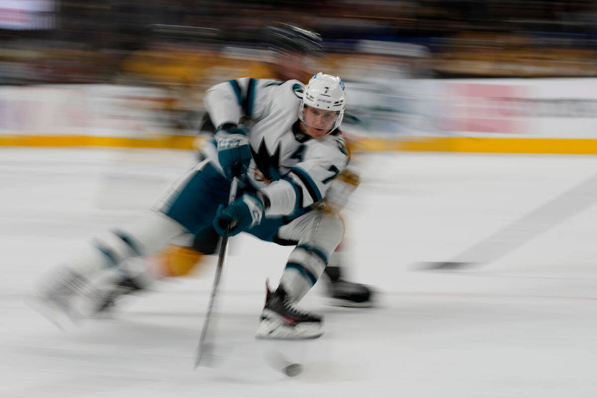 San Jose Sharks center Nico Sturm (7) skates up the ice against the Vegas Golden Knights during ...