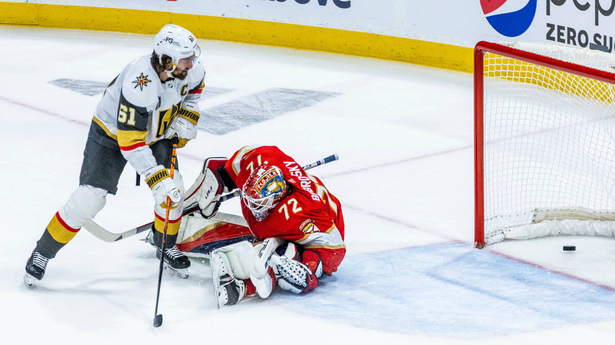 Golden Knights right wing Mark Stone (61) scores on Florida Panthers goaltender Sergei Bobrovsk ...