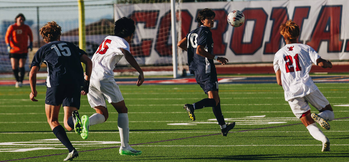 Coronado’s John Vento (10) looks back at the ball as he runs for it during a game agains ...