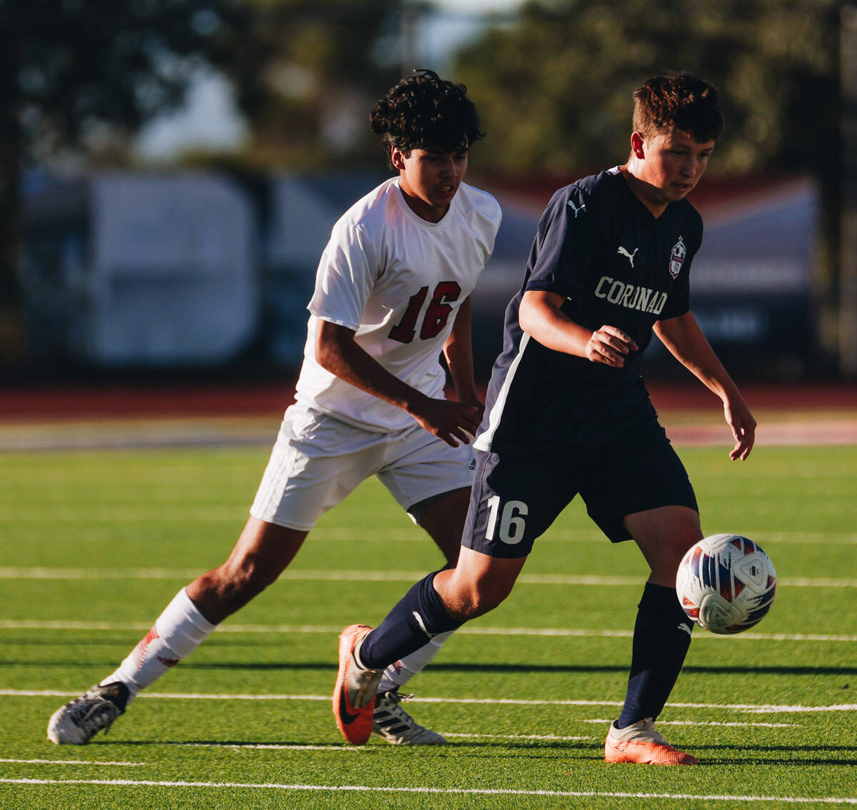 Coronado’s Aiden Sena (16) kicks the ball during a game against Arbor View at Coronado H ...