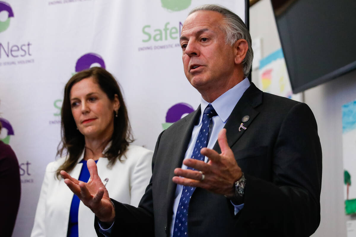 Gov. Joe Lombardo speaks alongside Liz Ortenburger, CEO of SafeNest, at a press conference disc ...