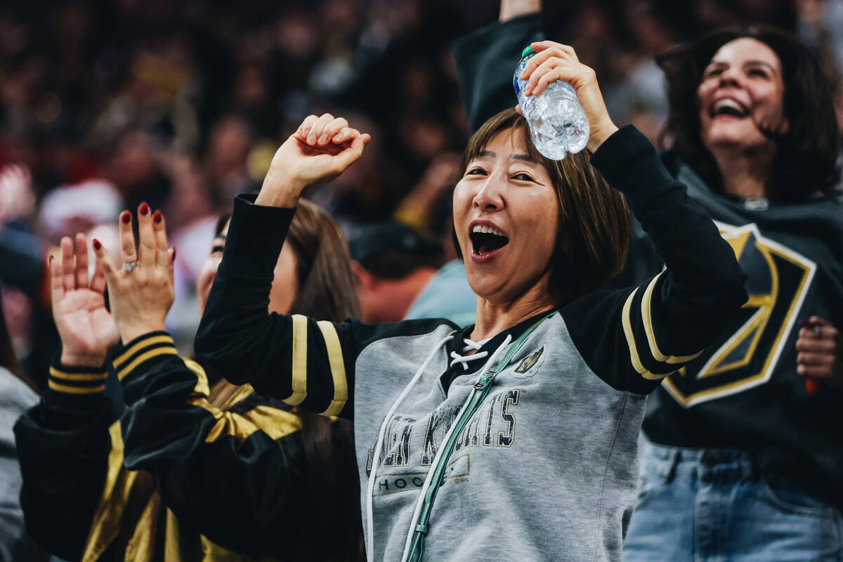 Golden Knights fans cheer after a goal during a game against the Colorado Avalanche at T-Mobile ...