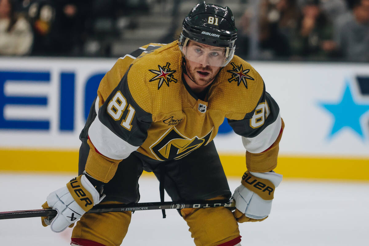 Golden Knights right wing Jonathan Marchessault (81) waits for the puck to drop during a game a ...