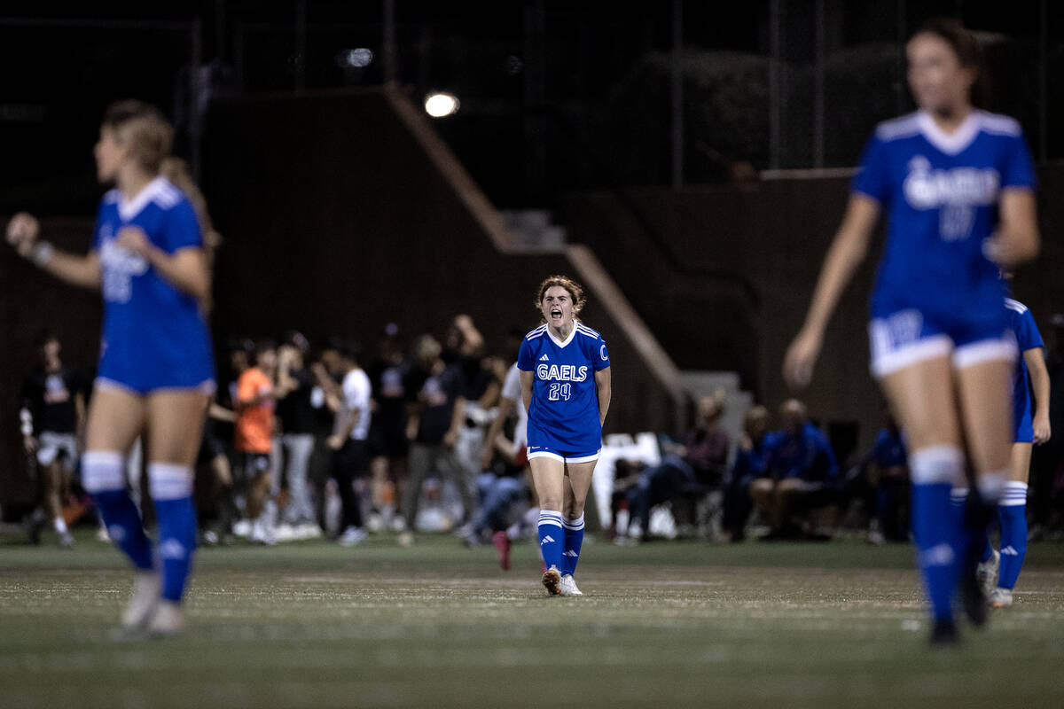 Bishop Gorman's Hunter Borgel (24) celebrates her team’s goal against Liberty during a h ...