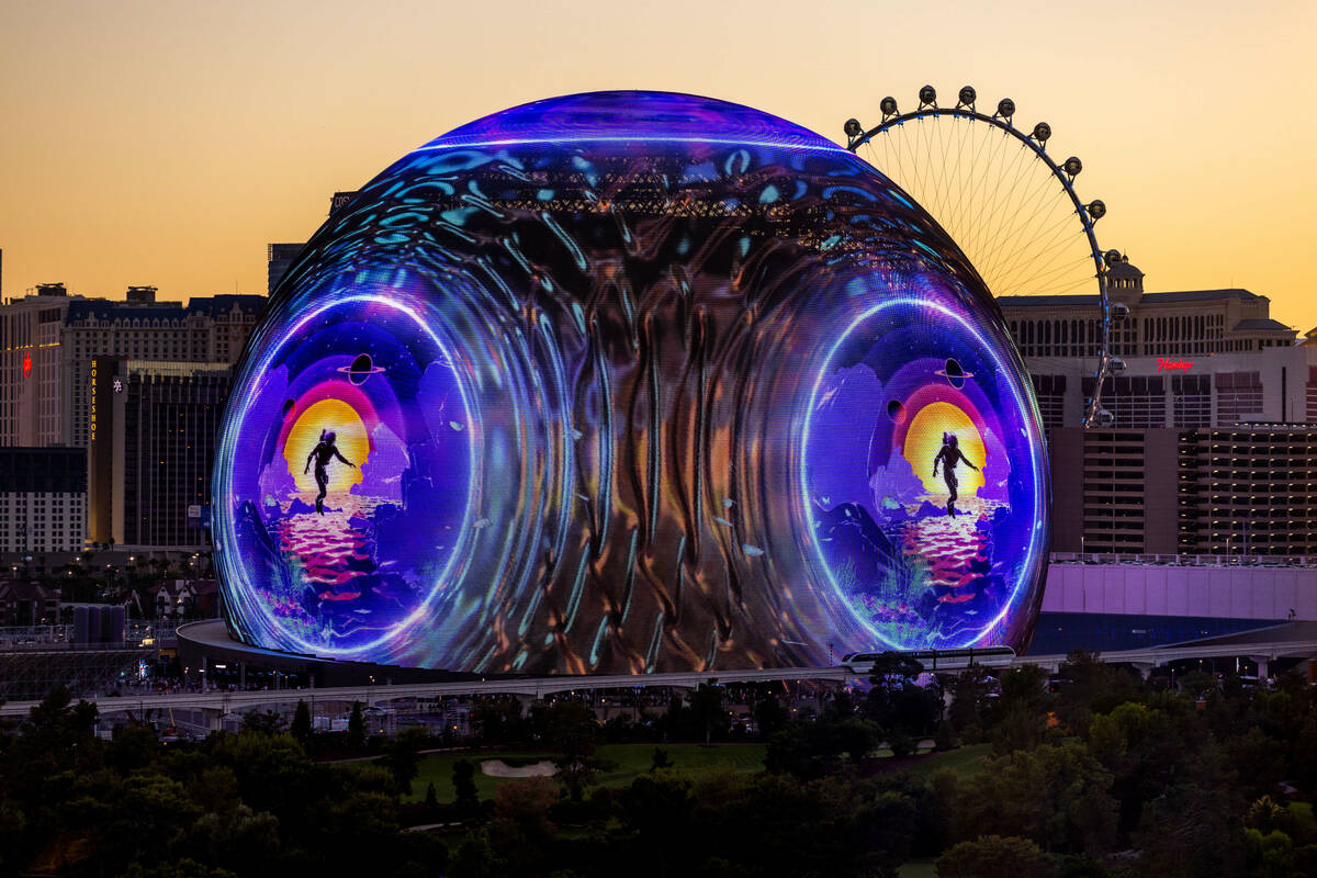 A metallic ball with character graphic during the opening night of the Sphere with U2 concert o ...