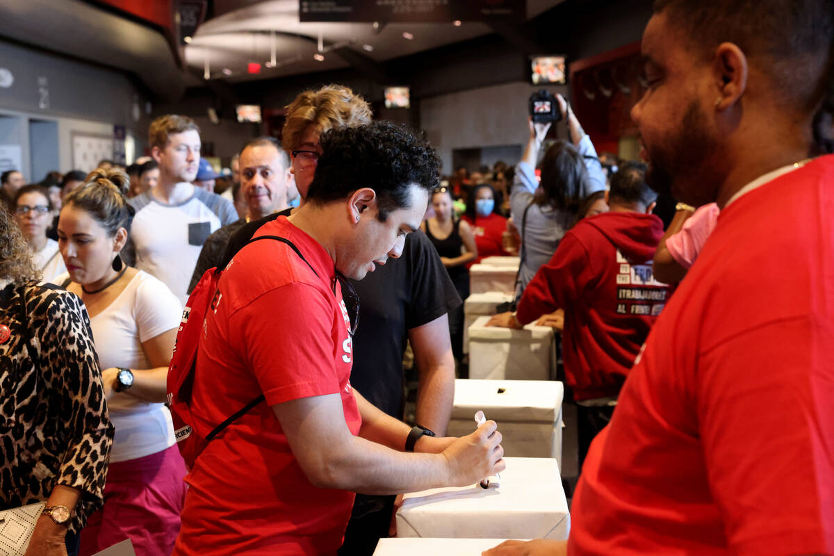 Culinary Local 226 members cast their ballots during a strike vote at Thomas & Mack Center on t ...