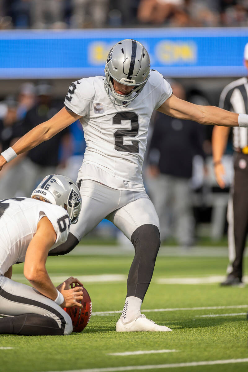 Las Vegas Raiders kicker Daniel Carlson (2) kicks a field goal against the Los Angeles Chargers ...