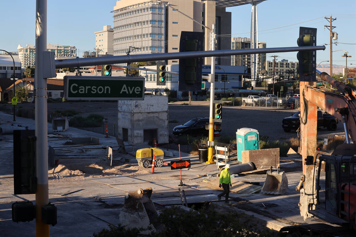 Construction continues on Seventh Street at Carson Avenue in downtown Las Vegas Thursday, Oct. ...