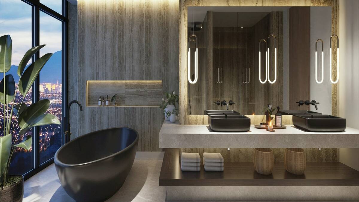 A rendering of an executive suite bathroom highlight's the suite's soaking tub and double sink ...
