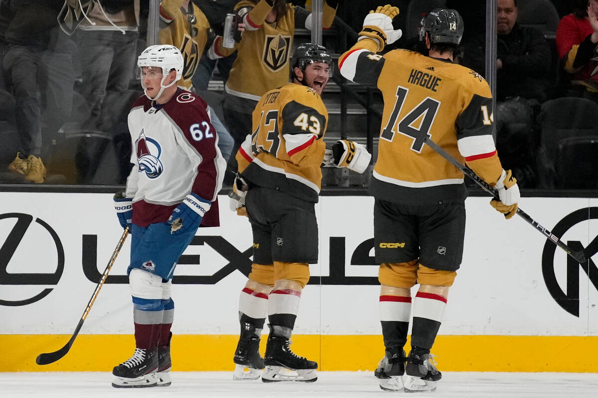Vegas Golden Knights center Paul Cotter (43) celebrates after scoring against the Colorado Aval ...