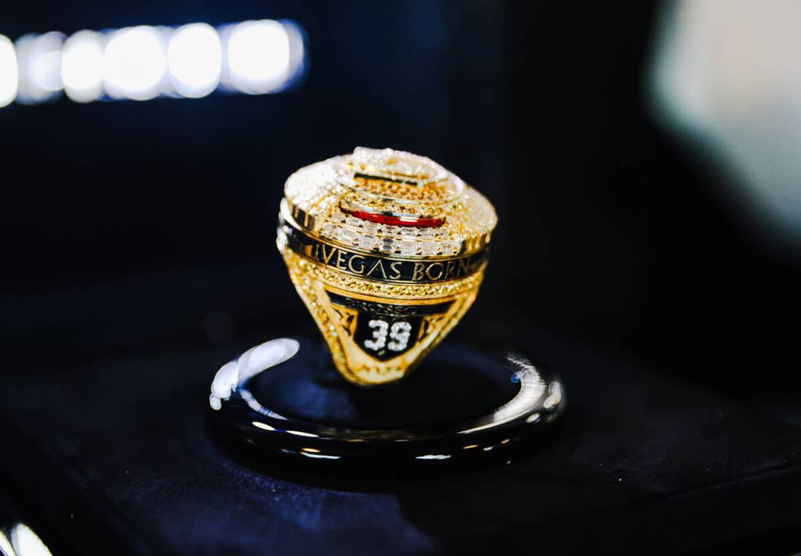 A Golden Knights championship ring at City National Arena in Las Vegas, Monday, Oct. 9, 2023. ( ...