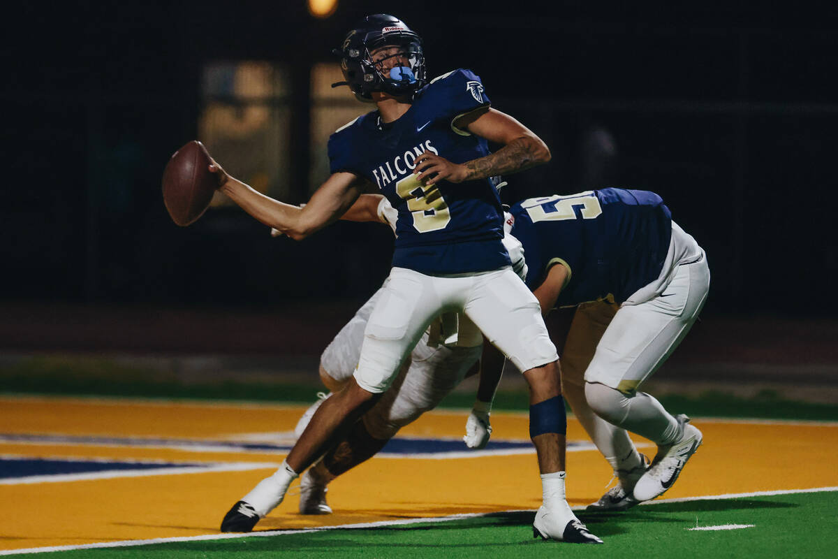 Foothill quarterback Mason Dew (9) throws the ball to a teammate during a game against Green Va ...