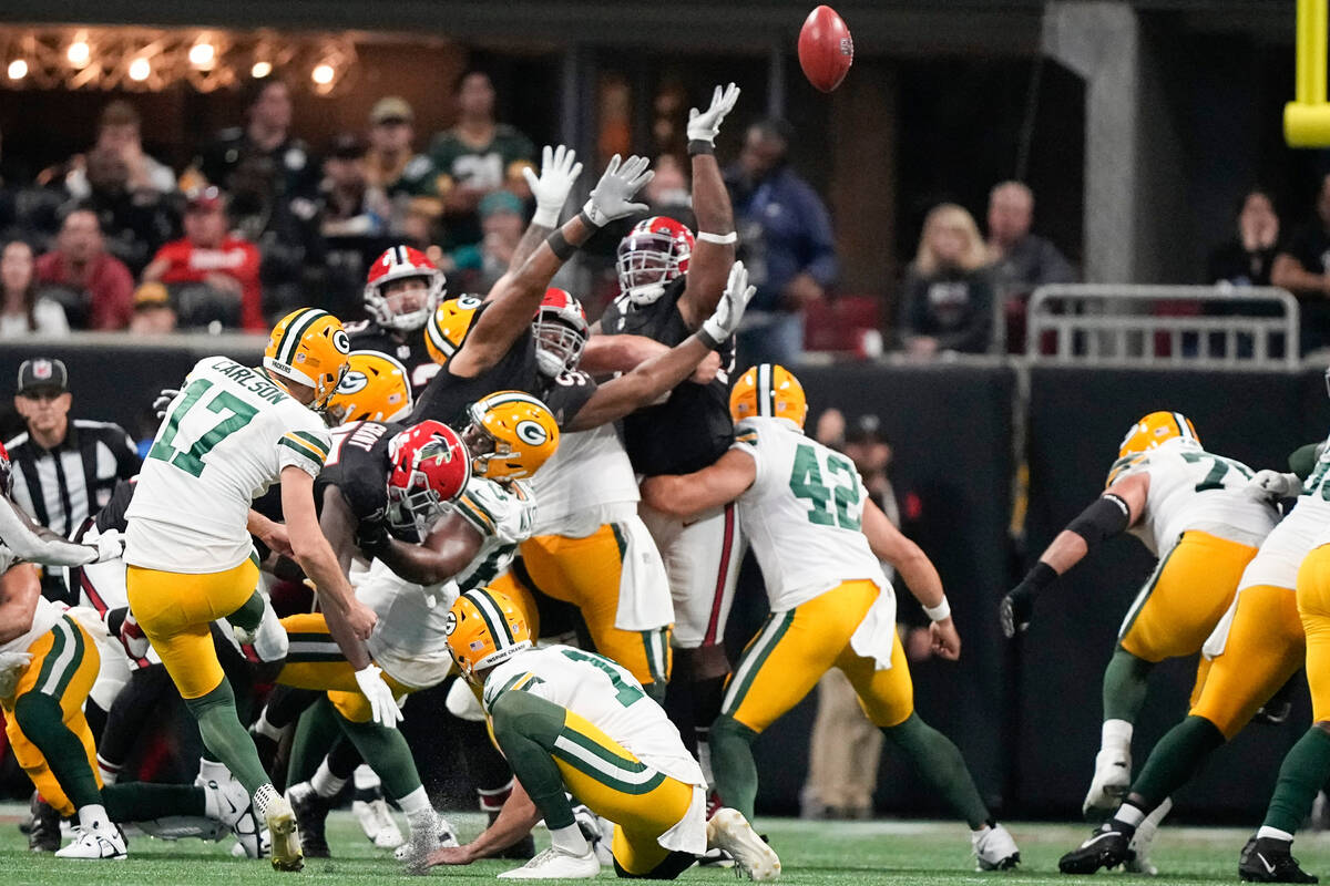 Green Bay Packers' Anders Carlson (17) kicks a field goal against the Atlanta Falcons during th ...