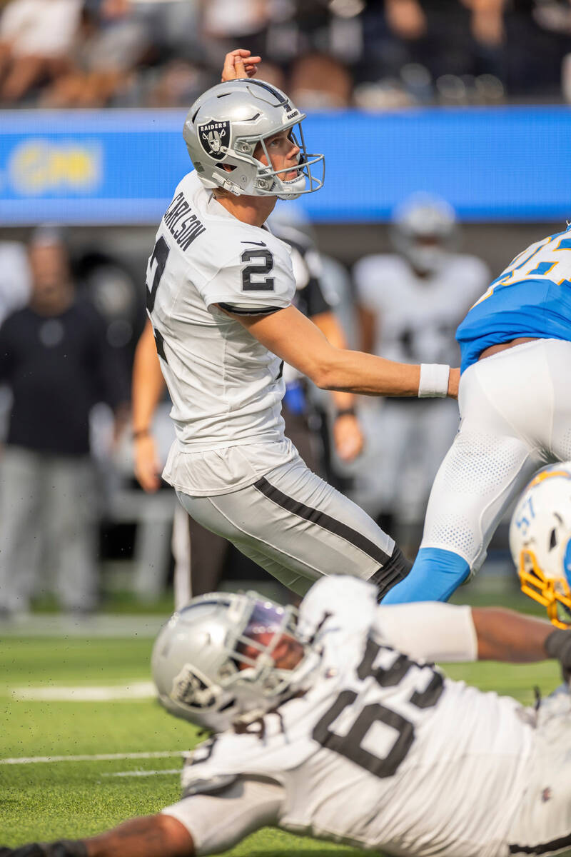 Las Vegas Raiders kicker Daniel Carlson (2) kicks a field goal against the Los Angeles Chargers ...