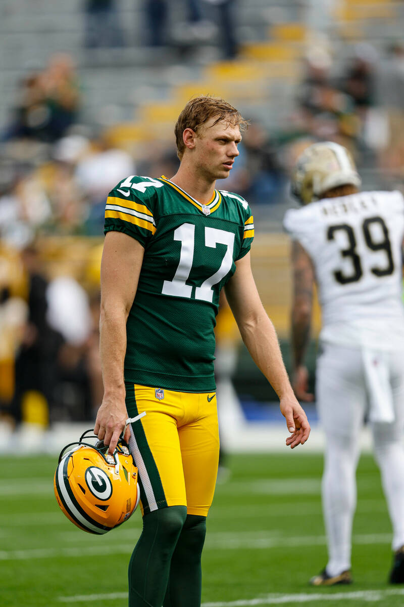 Green Bay Packers place kicker Anders Carlson (17) before a game against the New Orleans Saints ...