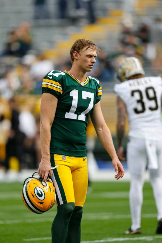 Green Bay Packers place kicker Anders Carlson (17) before a game against the New Orleans Saints ...