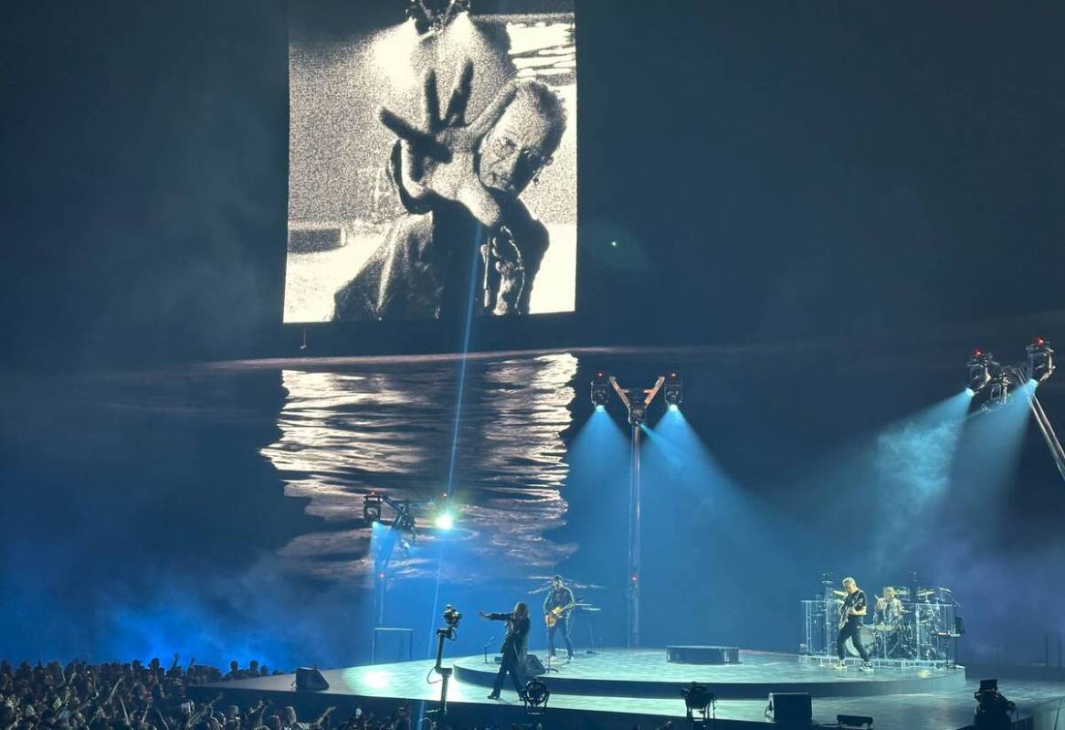 U2 is shown during the premiere of "U2 UV: Achtung Baby" at the Sphere on Friday, Sept. 29, 202 ...