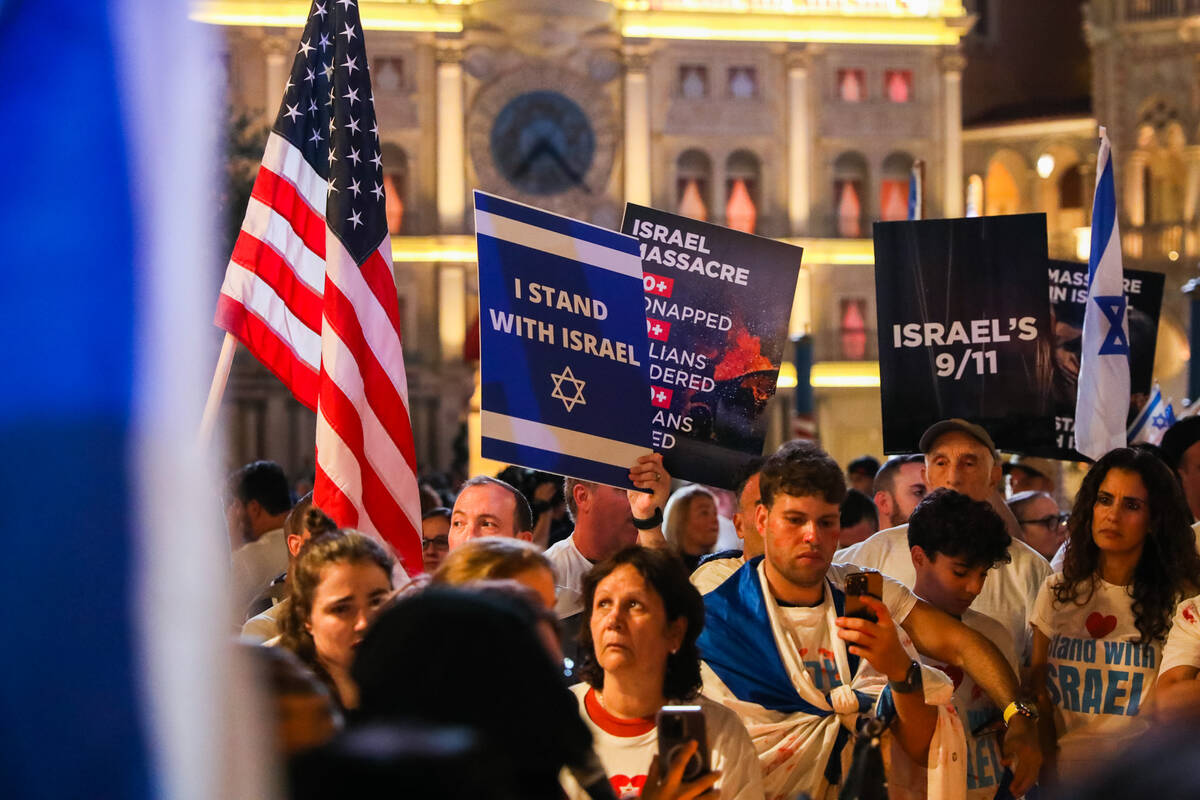 Pro Israel supporters gather outside the Venetian on Sunday, Oct. 8, 2023, in Las Vegas. (Danie ...