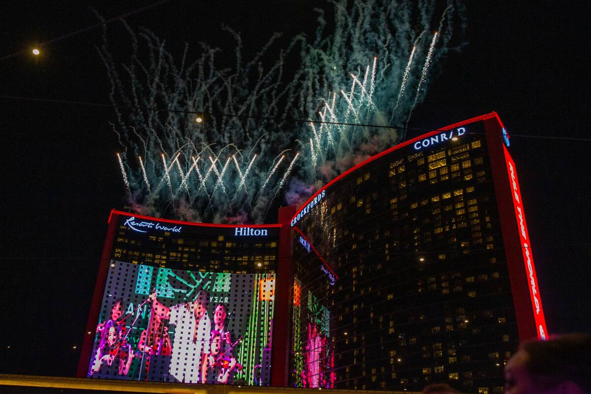 The Resorts World LED displaly and fireworks show are shown at the close of the "Rise Up" gala ...