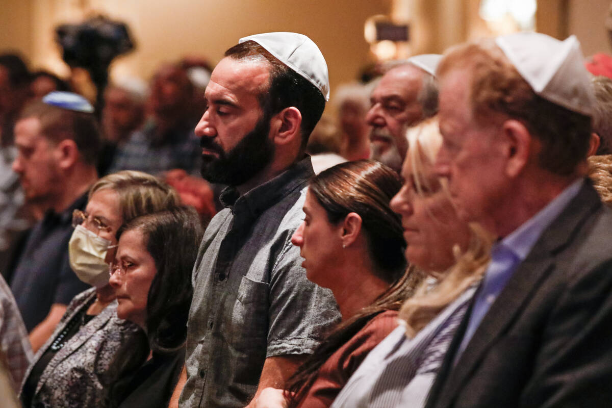 Jewish Nevadans show support for Israel at a community gathering held at Temple Beth Sholom on ...