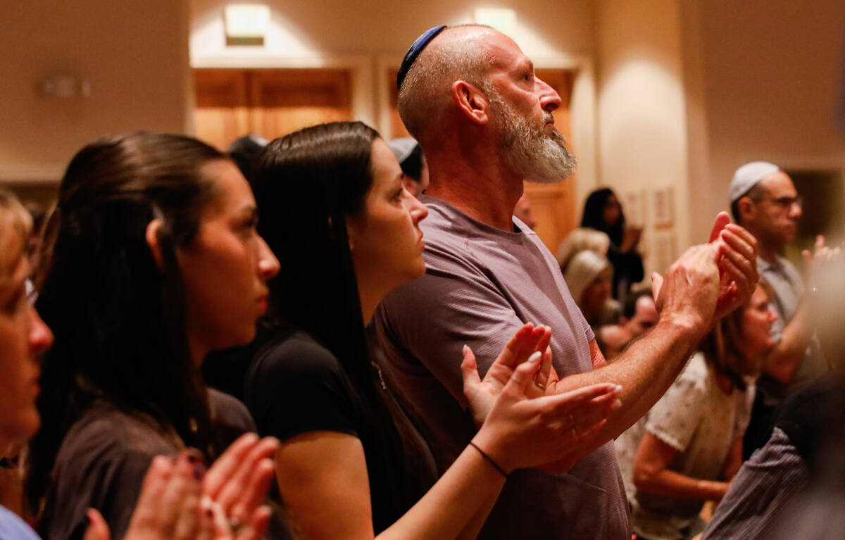 Jewish Nevadans show support for Israel at a community gathering held at Temple Beth Sholom on ...