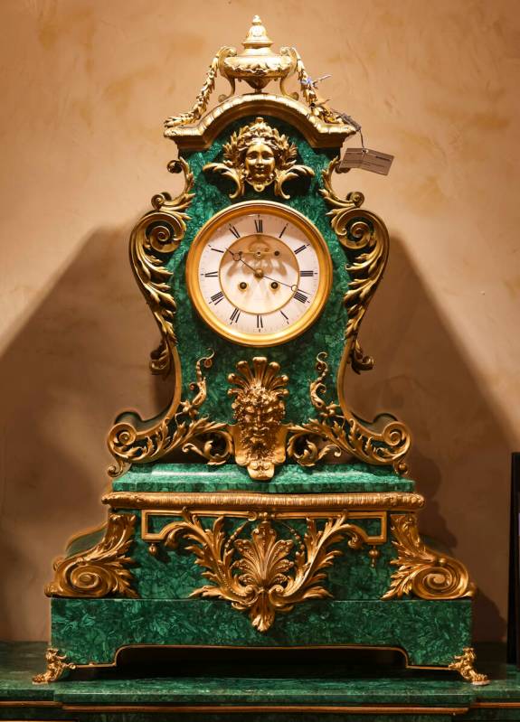 A 20th century Tiffany & Co. clock made of malachite and gilt bronze at the Regis Galerie i ...