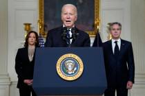 President Joe Biden speaks Tuesday, Oct. 10, 2023, in the State Dining Room of the White House ...