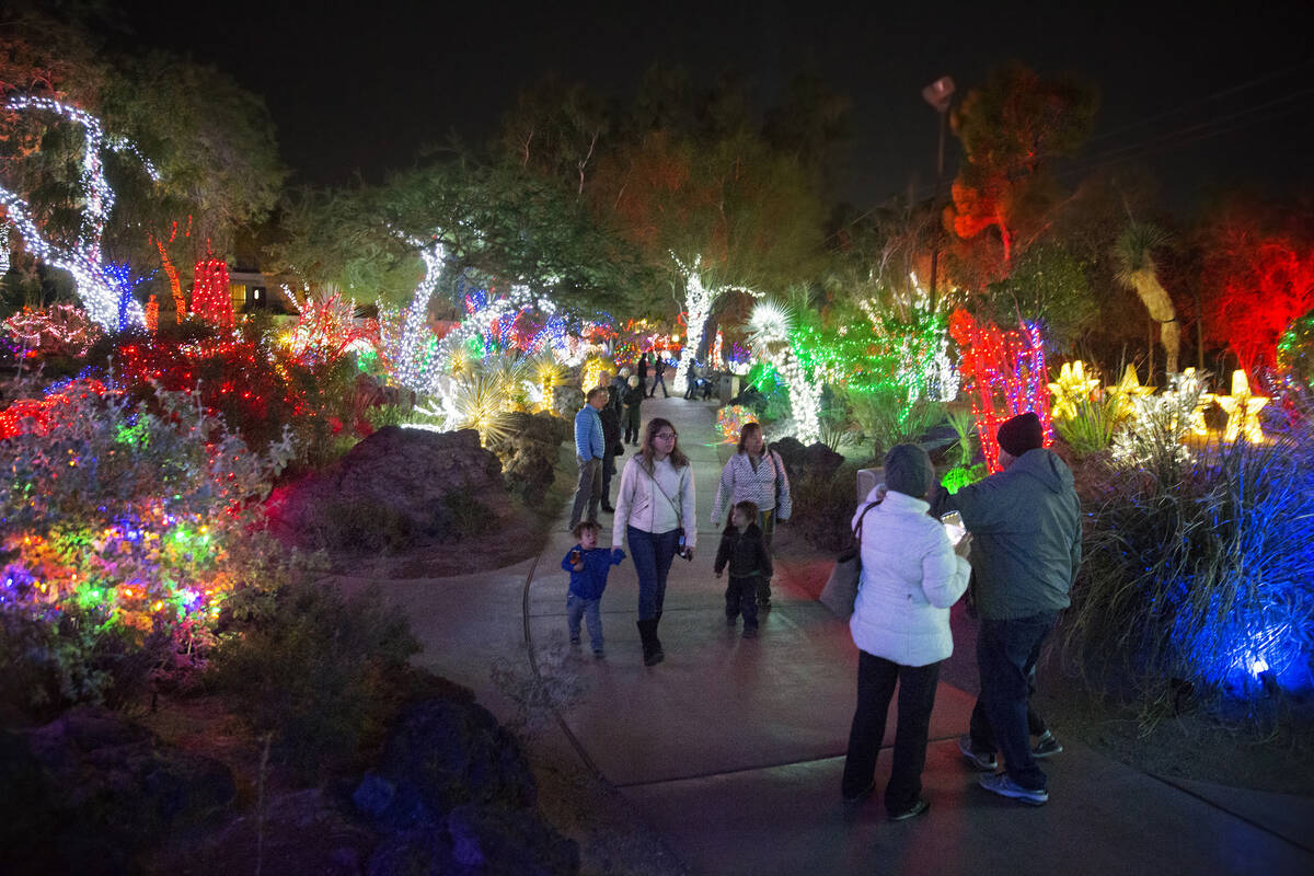 Holiday goers enjoy the lights at Ethel M Chocolates Botanical Cactus Garden on Monday, Novembe ...